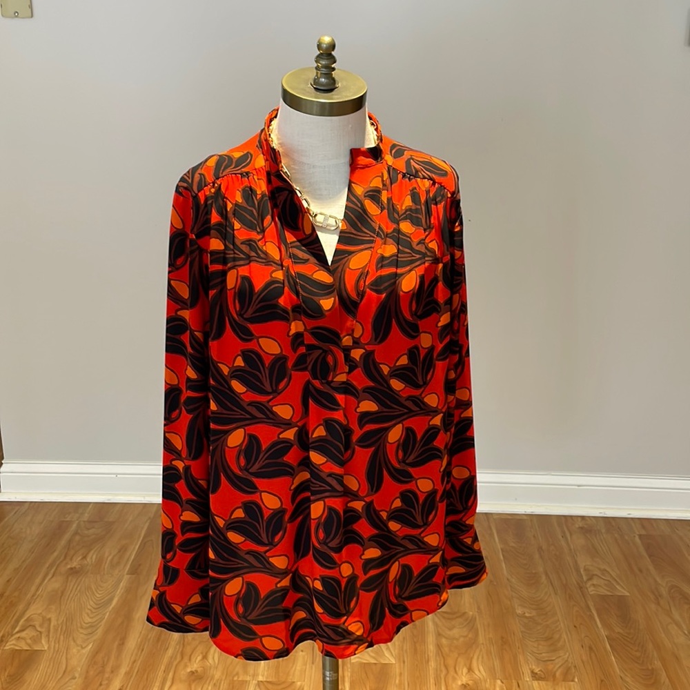 Ann Taylor Red and Black Long-Sleeve Printed Blouse